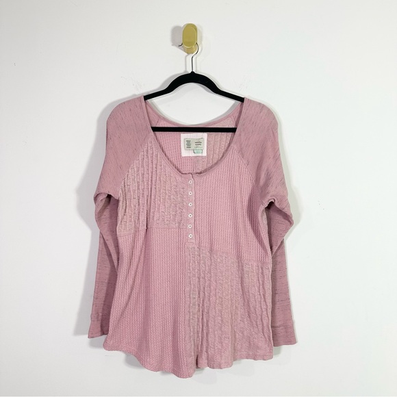 Saturday Sunday Anthropologie Dusty Pink Mixed Texture Henley Shirt - Picture 1 of 5
